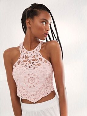 Free People Pink Eyelet Halter Crop Top